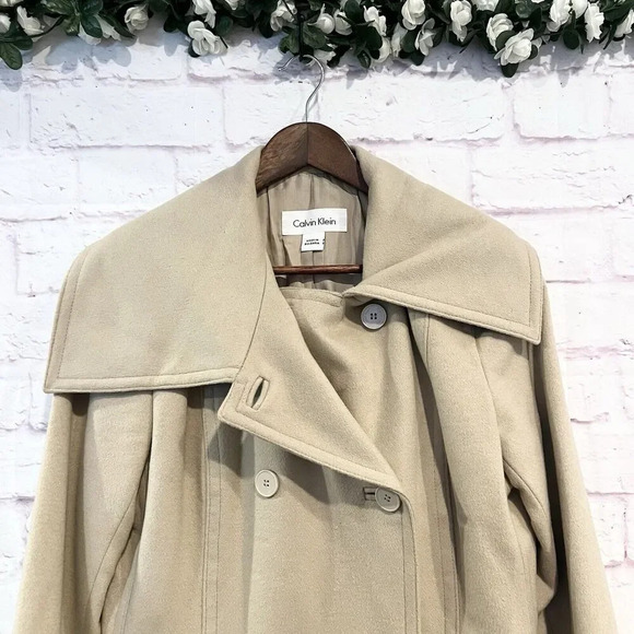 Calvin Klein Jacket Size 8 Double Breasted Wool Blend Beige Coat Jacket - Picture 3 of 12